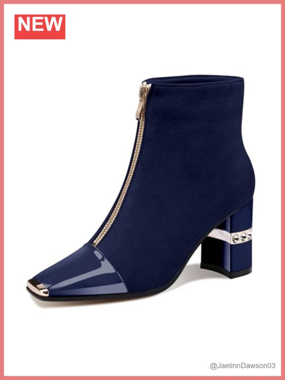 Women's Ankle Boots Block Chunky Heels Metal Square Toe Suede Front Zipper 3